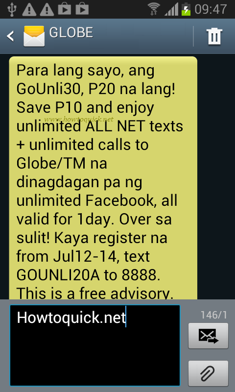 Globe 20 pesos GOUNLI 20A promo with unli-all net texts ...