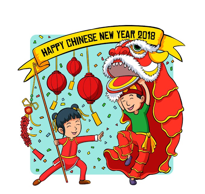 Happy Chinese New Year - Painted lion dance boy and girl playing the firecrackers free vector