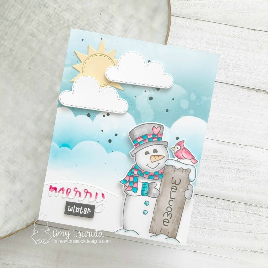 Welcome Winter Snowman Card by Amy Tsuruta | Snowman Greetings Stamp Set, Clouds Stencil, Sky Scene Builder Die Set and Snowglobe Shaker Die Set by Newton's Nook Designs #newtonsnook #handmade
