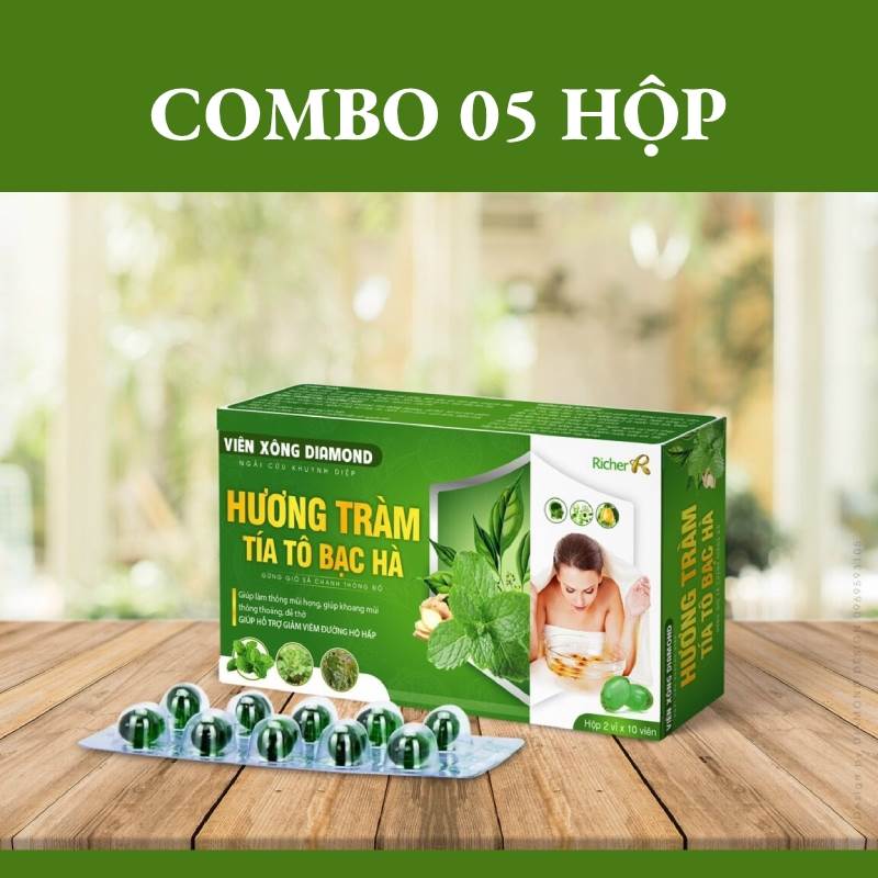 Diamond Combo 05 hộp Viên xông hương tràm, tía tô, bạc hà 20 viên/hộp