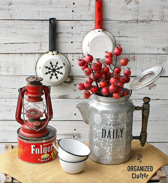 Vintage French Enamelware Coffee Pot - Red, Yellow, Blue Stencil