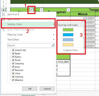 Mengurutkan data sesuai warna Cells