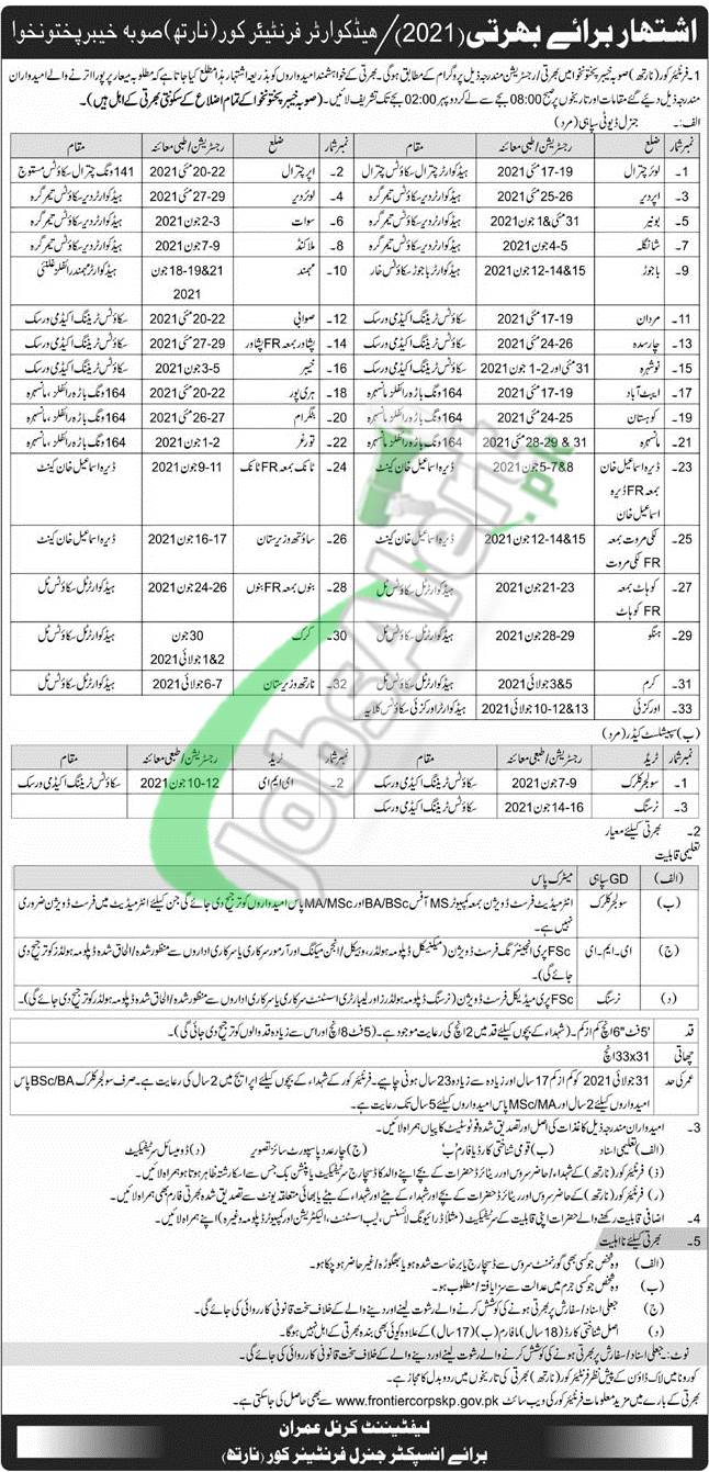 Join FC KPK (North), Latest Jobs In Frontier Corps KPK May 2021, Soldiers Job 2021