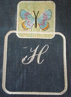 sampler image 3 2 examples of frames. small frame has inset embroidery, large frame has an a single letter H that is not centered