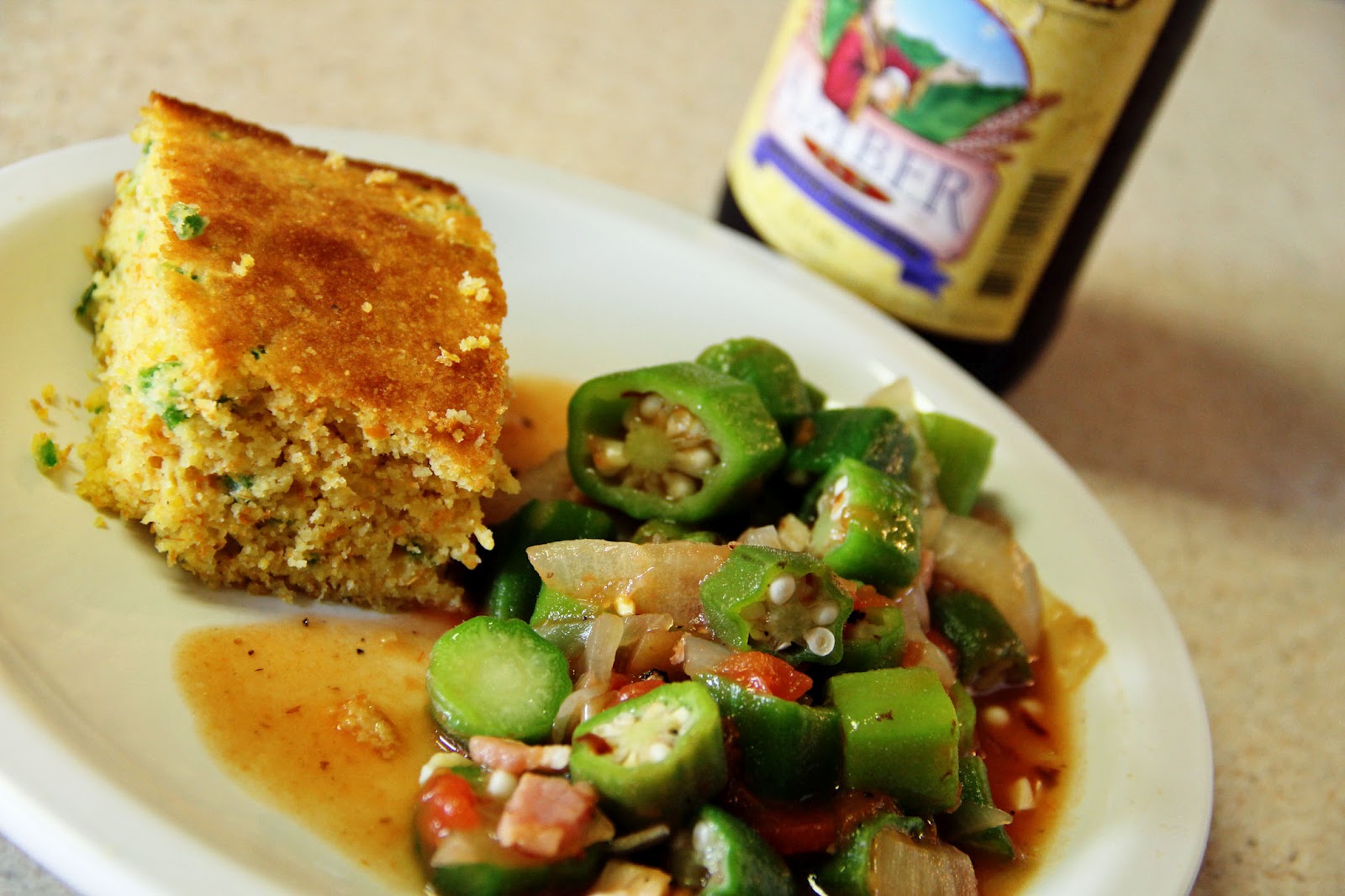 Backroads and Barstools okra & tomatoes and jalapeño cornbread