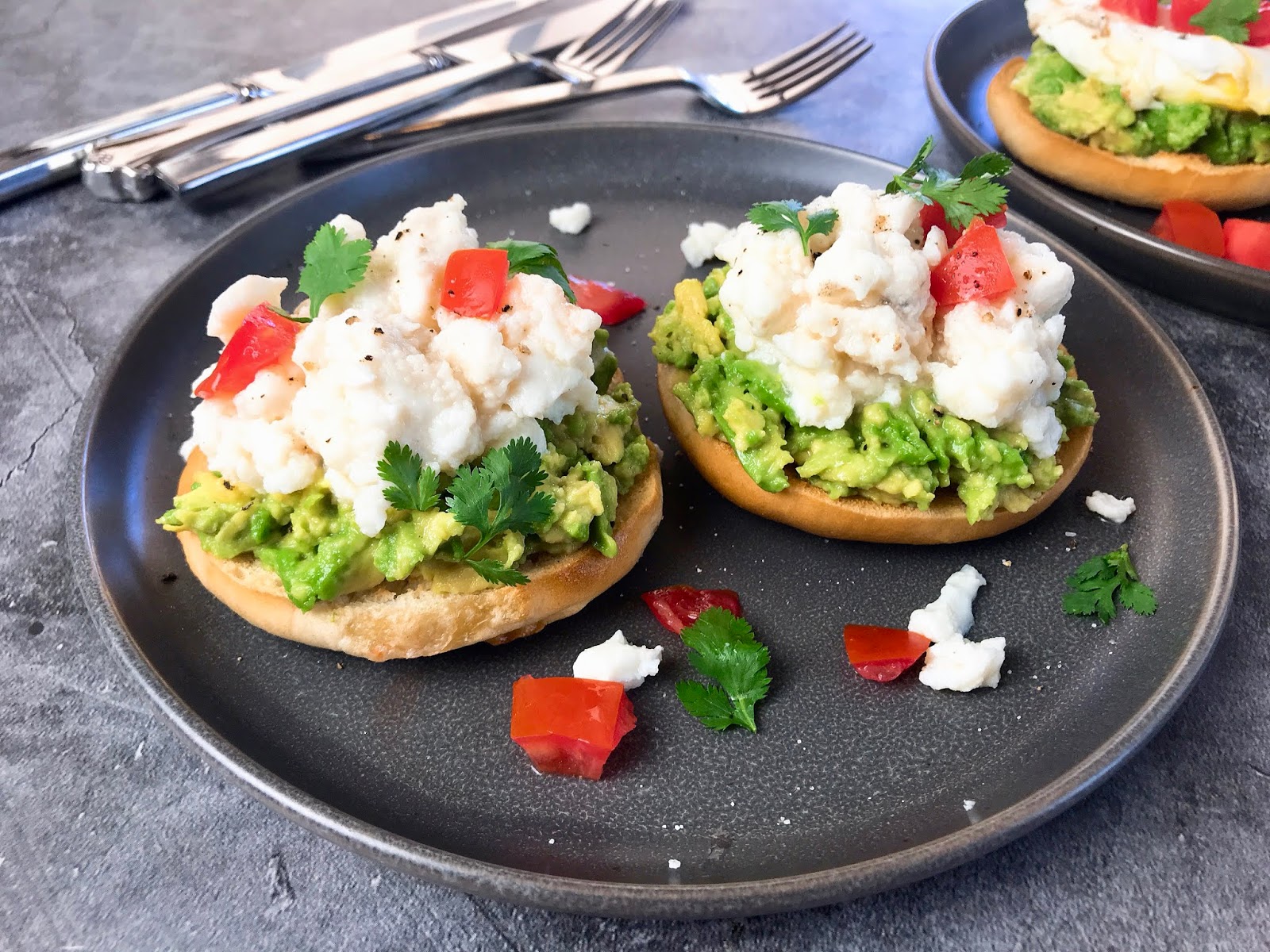 Mini Avocado Bagels with Scrambled Egg Whites or Poached Eggs