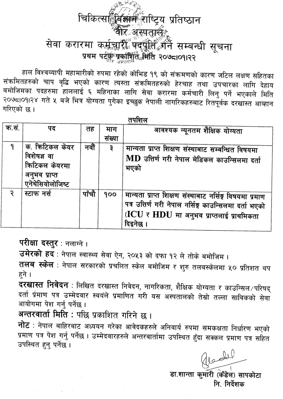 Bir Hospital Kathmandu Vacancy Announcement