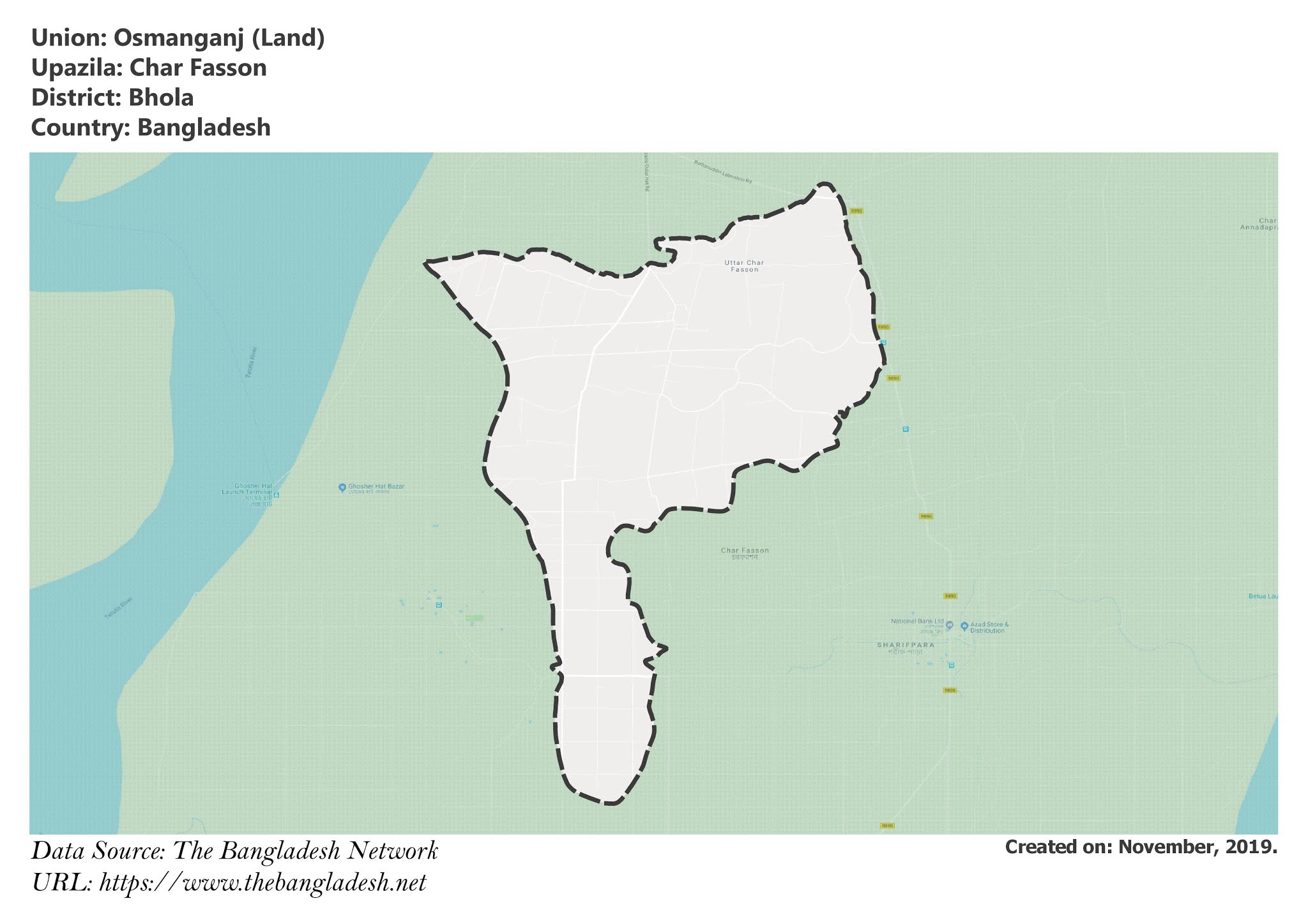Map of Osmanganj of Char Fasson Upazila Map of Osmanganj of Bhola, Bangladesh.