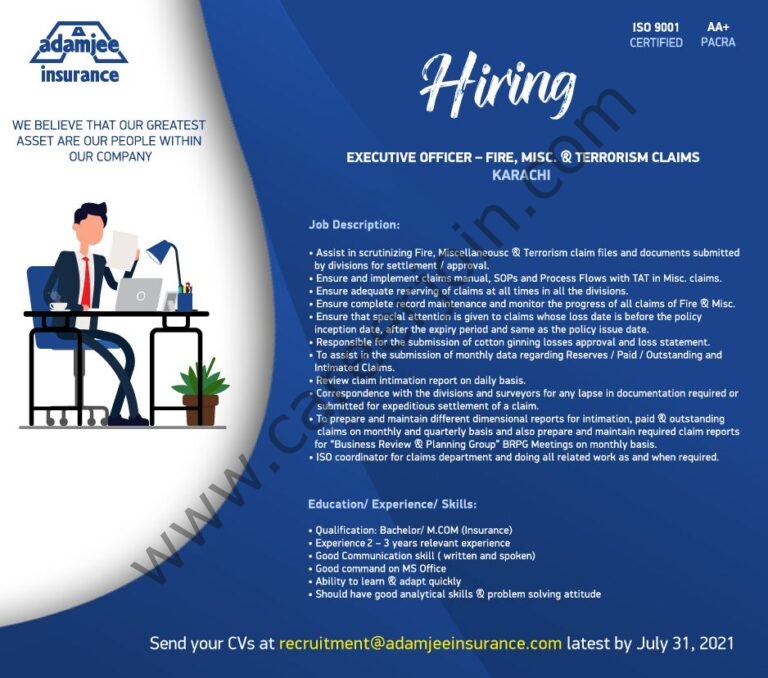 recruitment@adamjeeinsurance.com - Adamjee Insurance Company Ltd Jobs 2021 in Pakistan