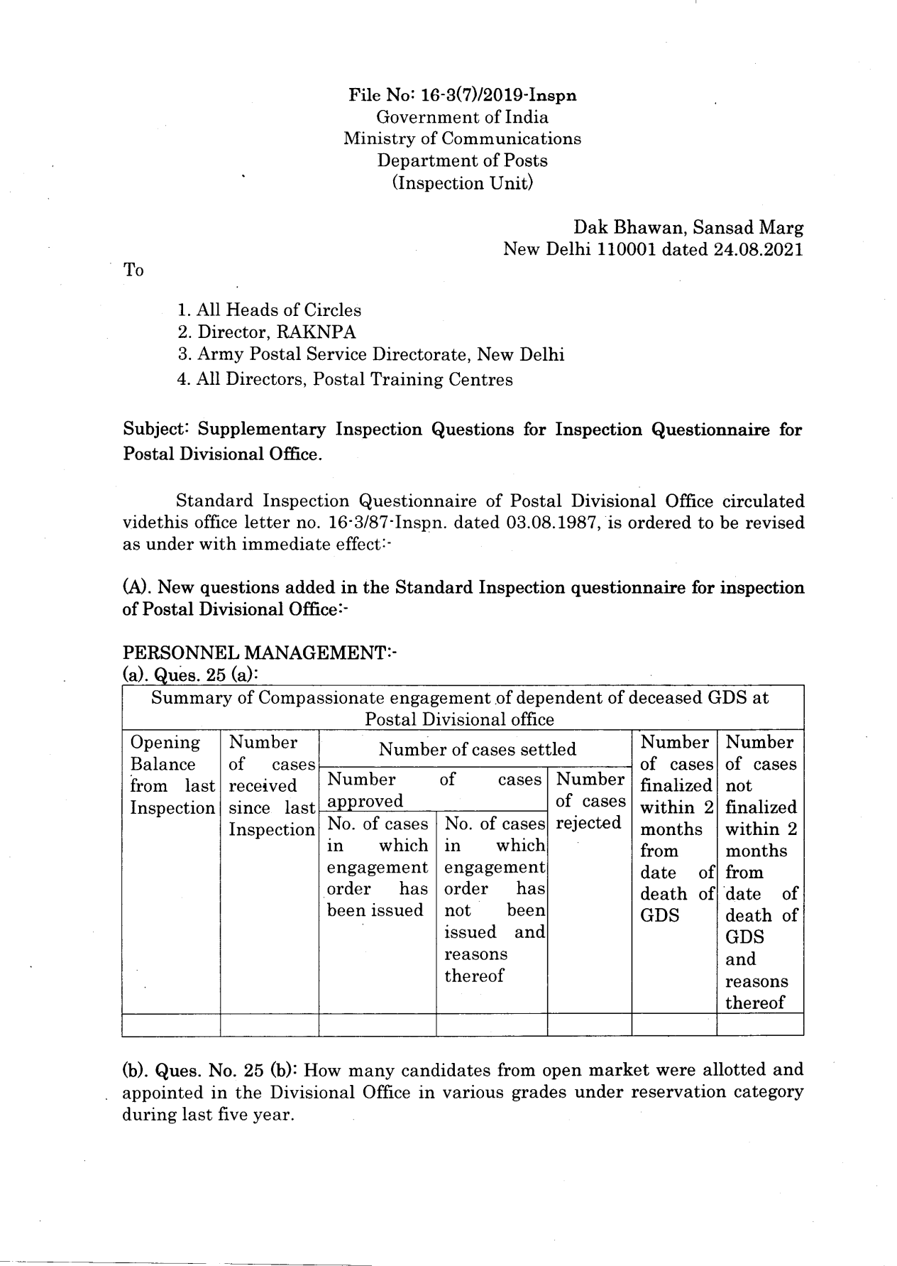 Supplementary Inspection Questions for Inspection Questionnaire for