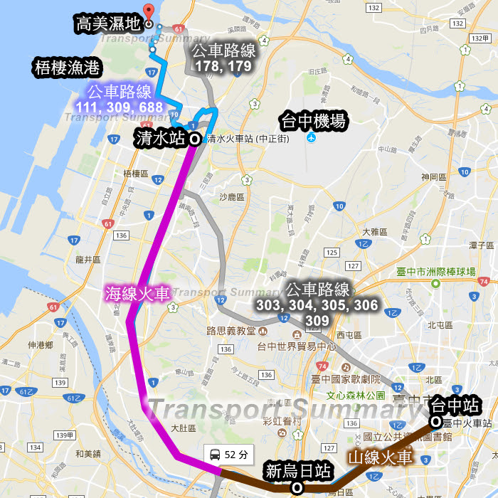 Transport Summary: 高美濕地公車交通: 309、111 / 178 / 179 / 688、655
