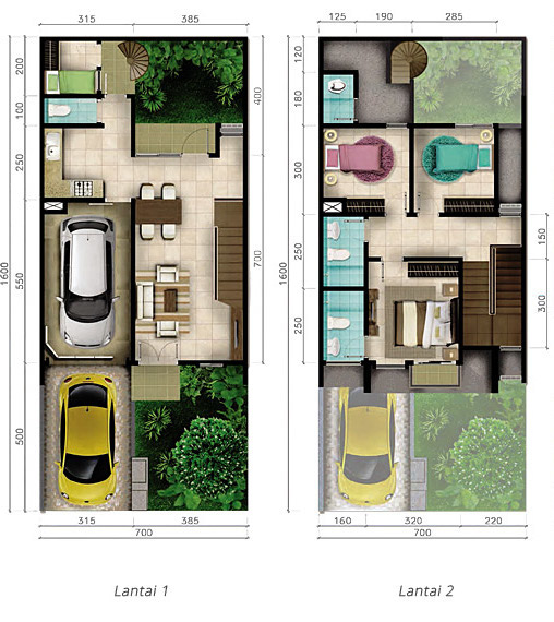 Lingkar Warna Denah Rumah Minimalis Ukuran 7x16 Meter 4 Kamar