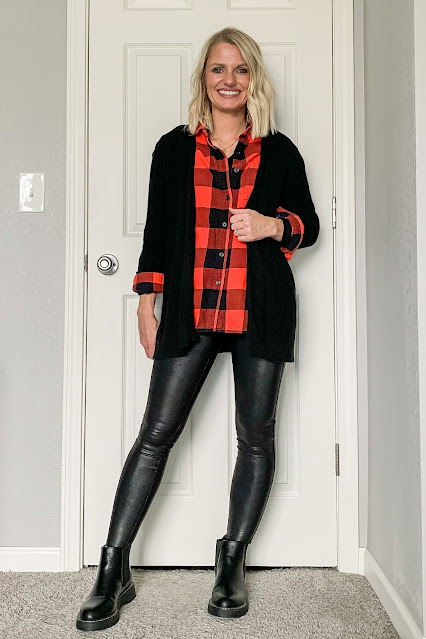 Chelsea boots with red plaid skirt and Spanx faux leather leggings