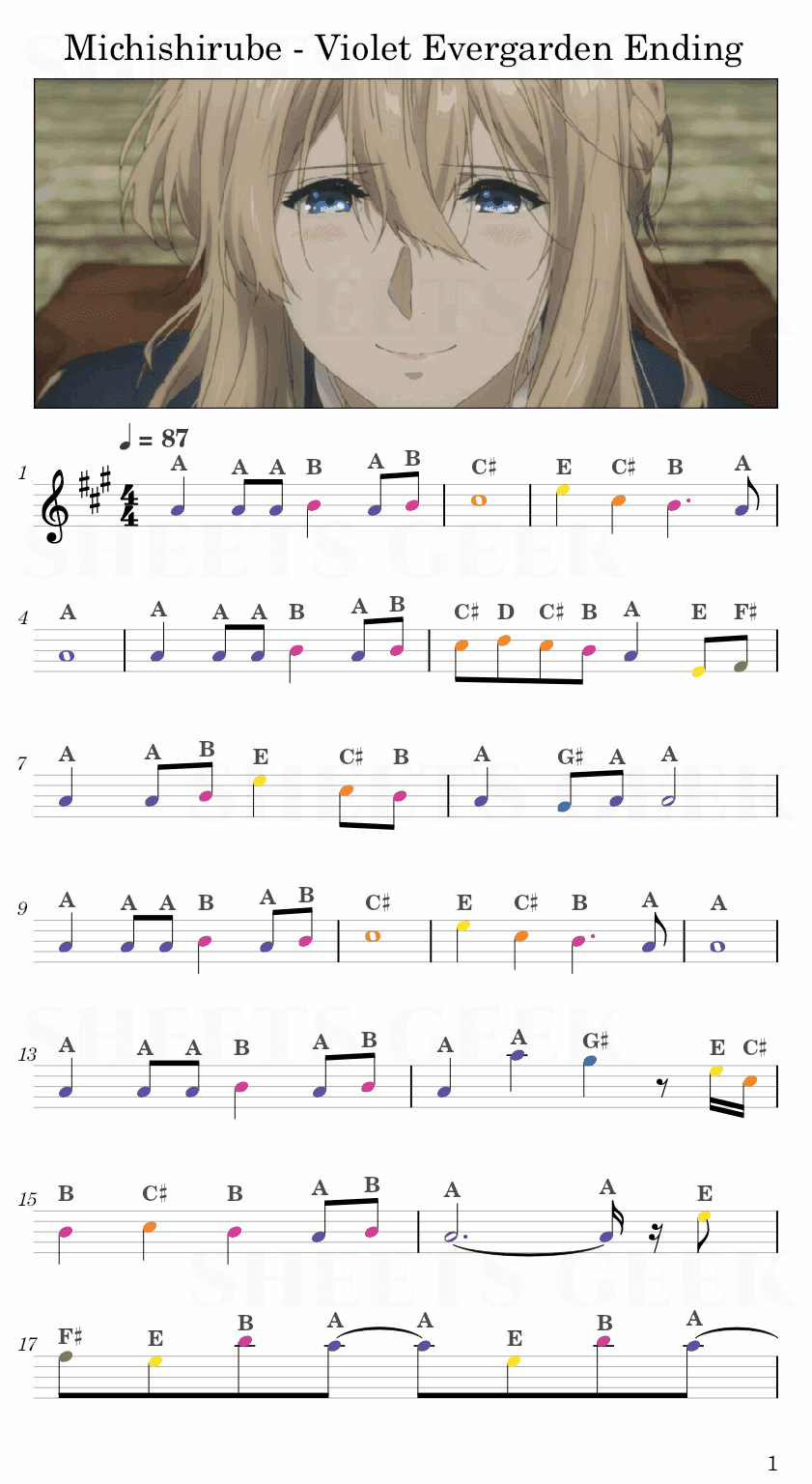 Michishirube - Violet Evergarden Ending Easy Sheet Music Free for piano, keyboard, flute, violin, sax, cello page 1