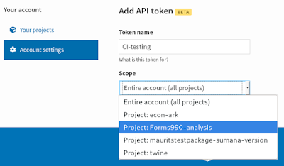 Add API token screen, with textarea for token name and dropdown menu to choose token scope