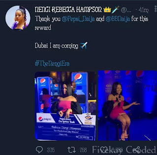 Pepsi awarded Nengi a trip to Dubia