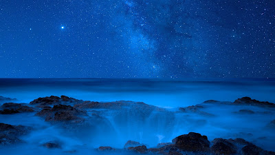 Sea, starry sky, night, waterfall