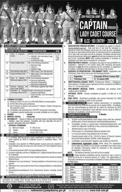 Join Pakistan Army As Captain Through Lady Cadet Course LCC-16 Entry 2020 Online Registration https://jobspk.xyz/2019/12/join-pakistan-army-as-captain-through-lady-cadet-course-lcc-16-entry-2020-online-registration.html