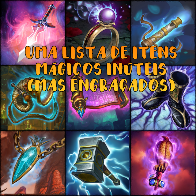 Colagem de artes de itens mágicos, incluindo: adaga com aura roxa, anel com uma peróla brilhante, apito de cachorro com uma aura azul, berrante mágico, pergaminho misterioso, botas pretas com uma aura roxa, colar com um cristal azul, martelo que emite raios e uma ponta de cajado que é uma aguia com olhos brilhantes