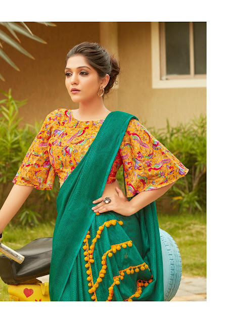 RAPID FIRE LENIN COTTON PUM PUM BORDER SAREE WITH KALAMKARI PRINTED BLOUSE RAPID FIRE LENIN COTTON PUM PUM BORDER SAREE WITH KALAMKARI PRINTED BLOUSE