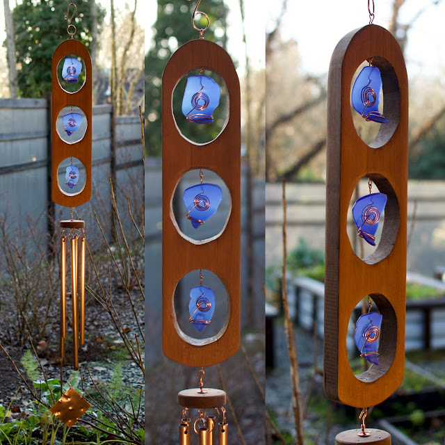 Cedar, cobalt blue glass, copper outdoor large wind chime by Coast Chimes