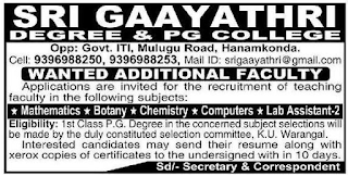 Hanamkonda, Sri Gaayathri Degree & PG College Teaching Faculty Lecturer Jobs Recruitment