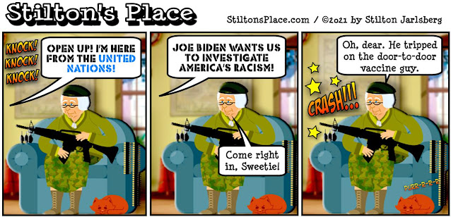 stilton’s place, stilton, political, humor, conservative, cartoons, jokes, hope n’ change, biden, racist, racism, UN, liar, dementia, vaccination, door-to-door