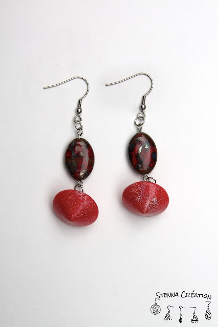 Boucles oreilles pâte polymère transparence rouge Fimo Stenna Création