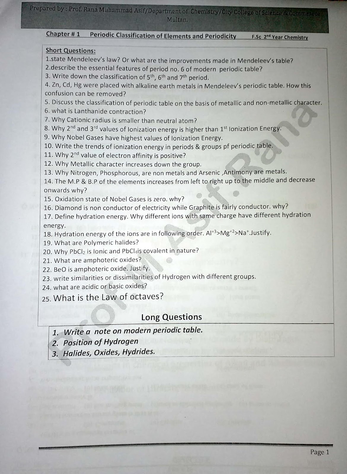 2nd Year Chemistry Chapter 1 Important Long Questions 2nd Year Chemistry Chapter 1 Important Long Questions