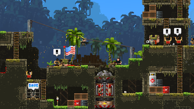 Broforce - Snake Broskin about to get hit by suicide bombers, surrounded by enemies in a jungle.