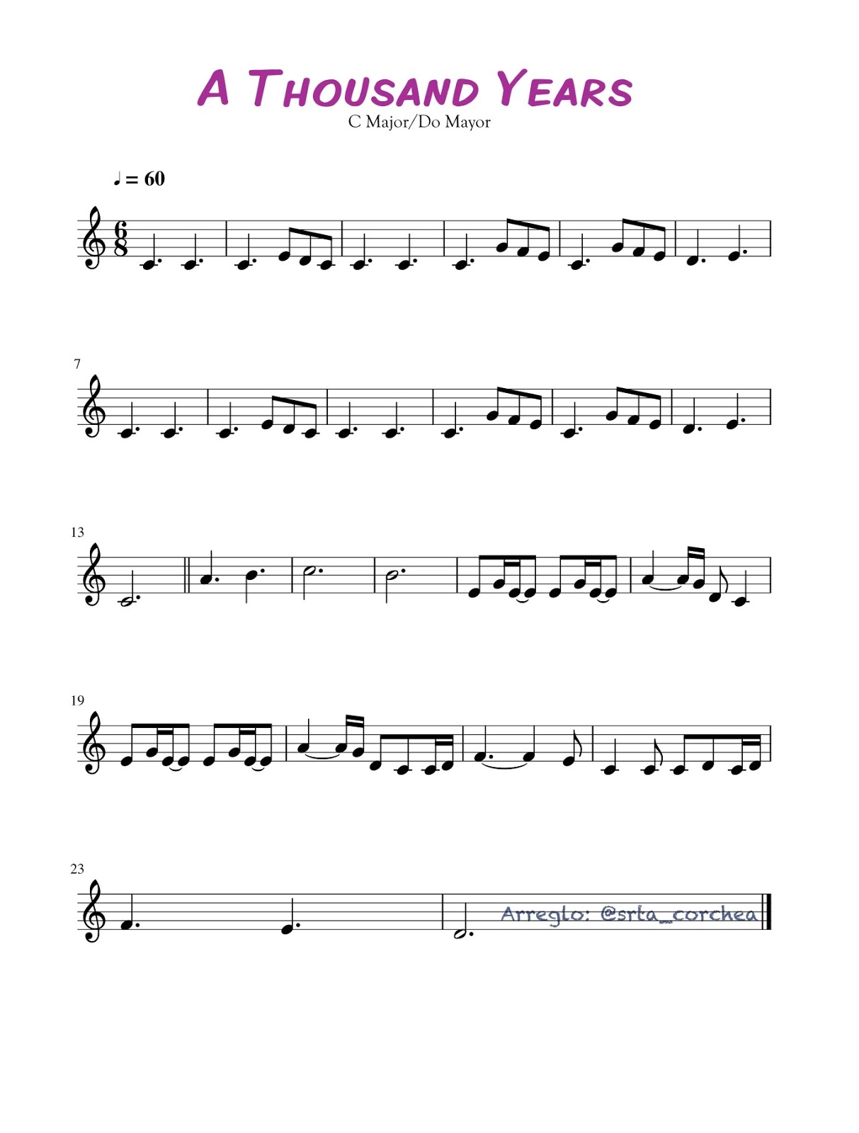 Sheet Music + Guide Melody "A Thousand Years". Music Class