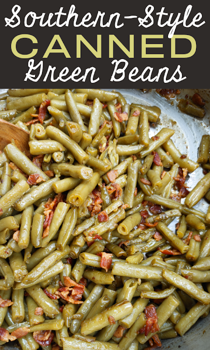 Southern-Style Canned Green Beans! The trick to making perfectly cooked Southern-style green beans with canned beans - the beans don’t fall apart but taste like they’ve cooked all day!