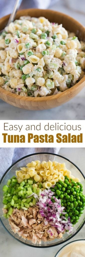 This Tuna Pasta Salad with shell noodles, peas, tuna, celery, and Greek yogurt is fast, healthy, and a dish your whole family can enjoy! #HEALTHY
