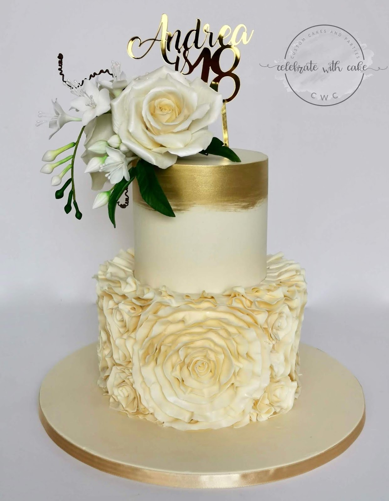 Celebrate with Cake! Rose, gold and Ruffles 2 tier Cake