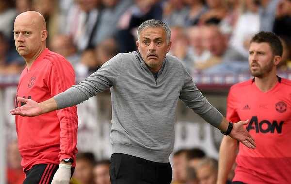 Jose Mourinho, Manager of Manchester United reacts during the Premier League match between Burnley FC and Manchester United at Turf Moor on September 2, 2018 in Burnley, United Kingdom.