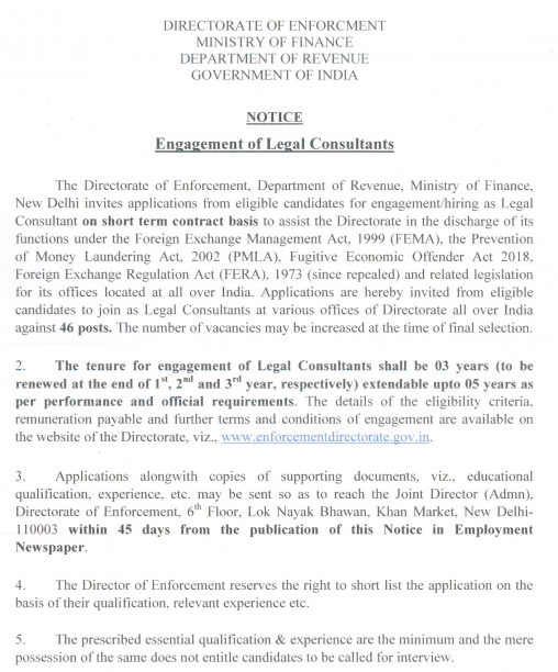 Engagement of 46 Legal Consultant  in the Directorate of Enforcement (Ministry of Finance, GOI), New Delhi