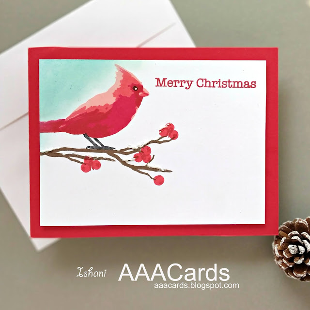 Clean and simple Christmas card, Altenew Winter cardinal, layered stamping, Quillish