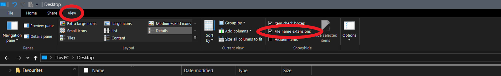 Zet bestandsnaamextenties aan in file explorer via het beeld tab