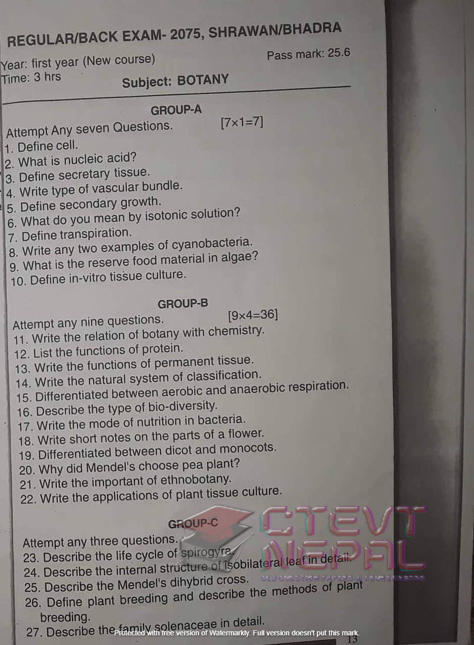 AG Botany 1st Year Question Papers CTEVT Diploma in Agriculture