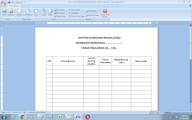 Format daftar inventaris ruang guru