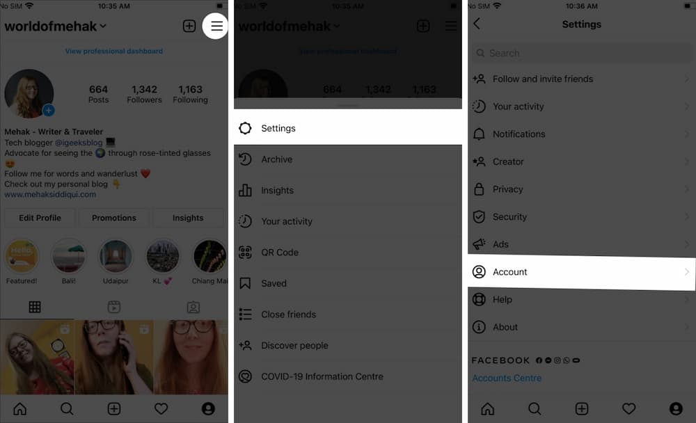 انتقل إلى إعدادات Instagram واضغط على الحساب انتقل إلى إعدادات Instagram واضغط على الحساب