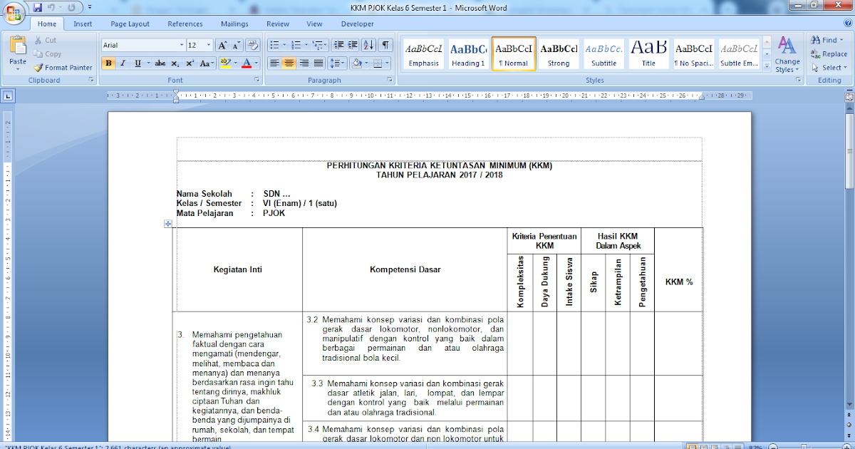 Download Contoh KKM PJOK SD Kelas 6 Semester 1 Kurikulum