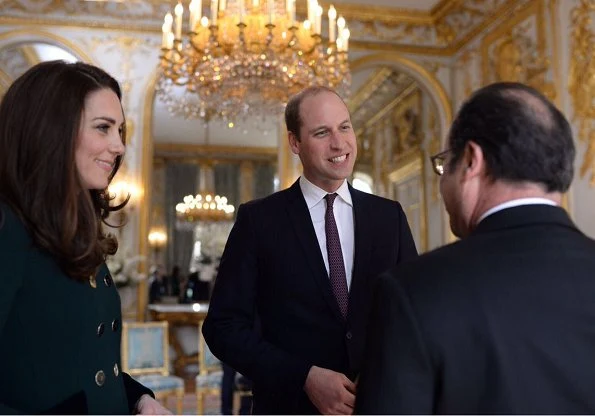 Kate Middleton wore Catherine Walker Bespoke Coat, Monica Vinader Onyx Siren Earrings and Gianvito Rossi Suede Pumps