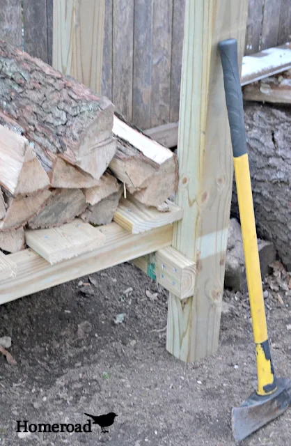 Axe laying against the log holder