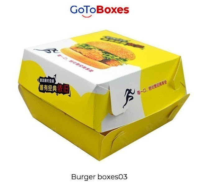 We provide eco-friendly eloquently designed Custom Burger Boxes at GoToBoxes. Wholesale discounts and free shipment is offered for attractive printed boxes.