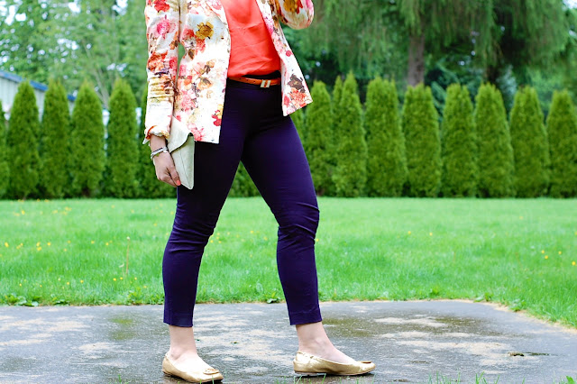 Zara floral blazer, J.Crew city pants, Joe Fresh silk pajama tank, Tory Burch Reva flats and a gold Gap clutch