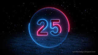 Number 25 Neon Light Style With Circle on Dark Blue Rough Floor Tiles In the Snowfall