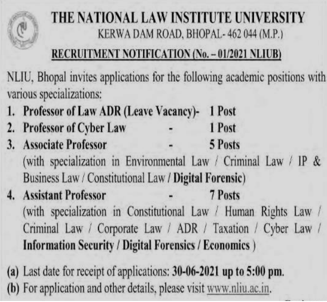 07 posts of Assistant Professor (Law) at The National Law Institute University, Bhopal - last date 30/06/2021