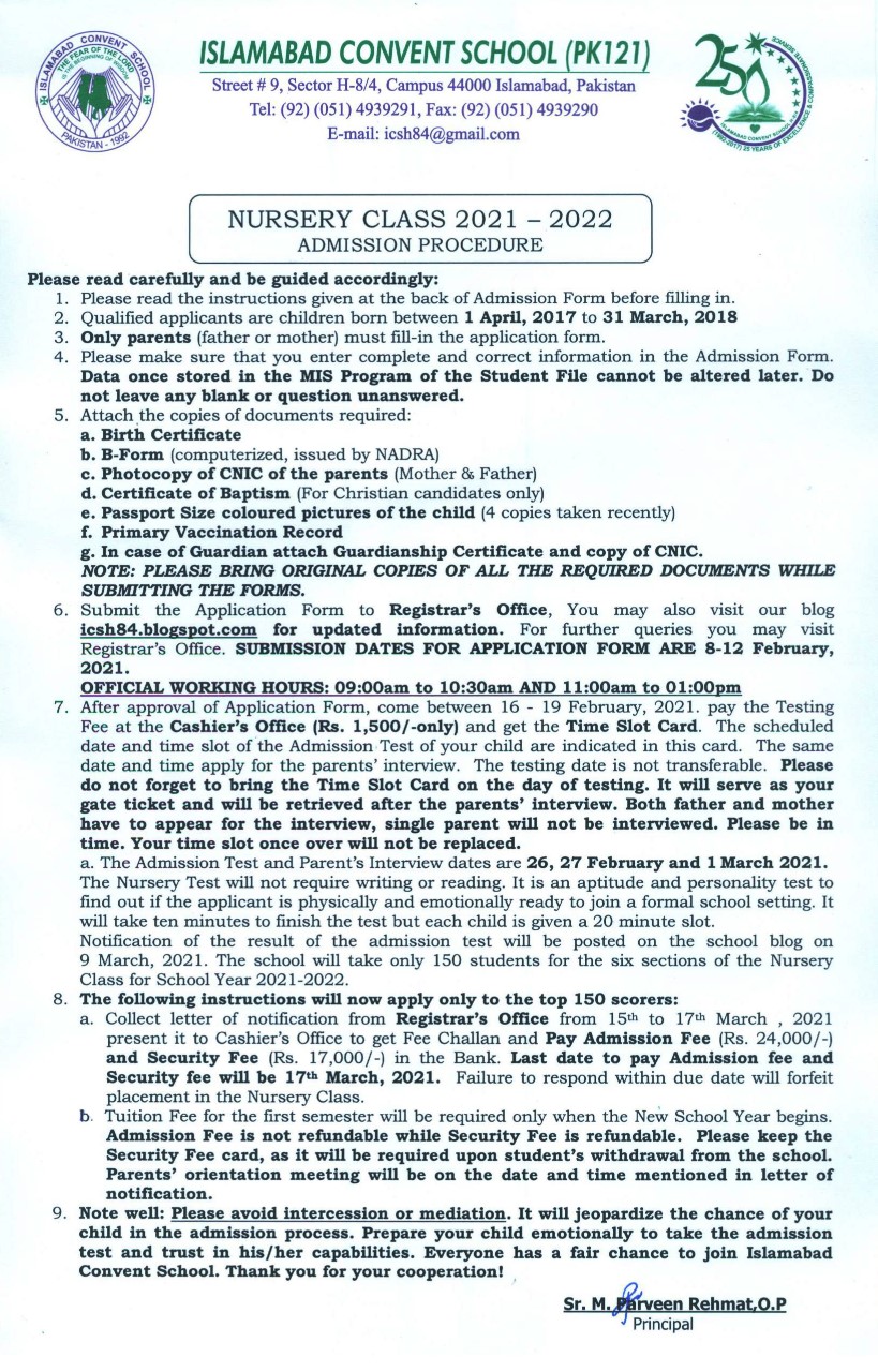 Islamabad Convent School H8/4 Campus Admission Procedure for Nursery Class SY 20212022
