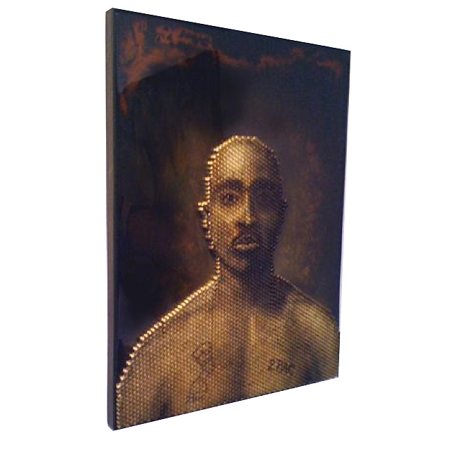 portrait of Tupac made from bullet casings